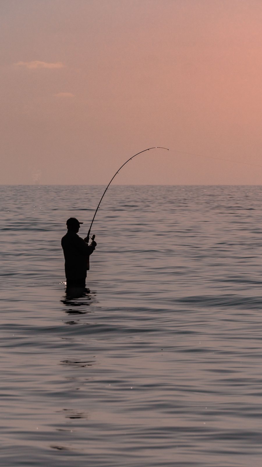 Silhouetted angler working a fish on open water
