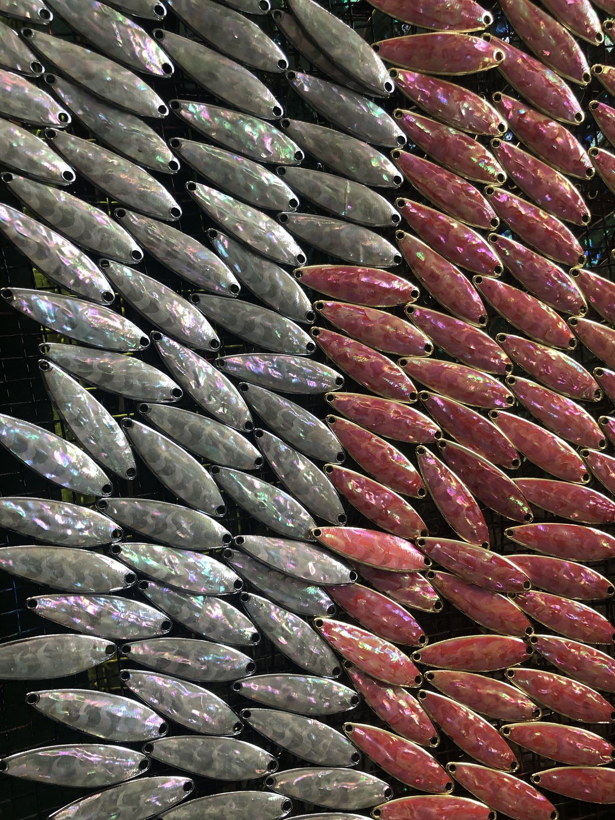 Rows of finished metal spoon lure bodies prepared for review